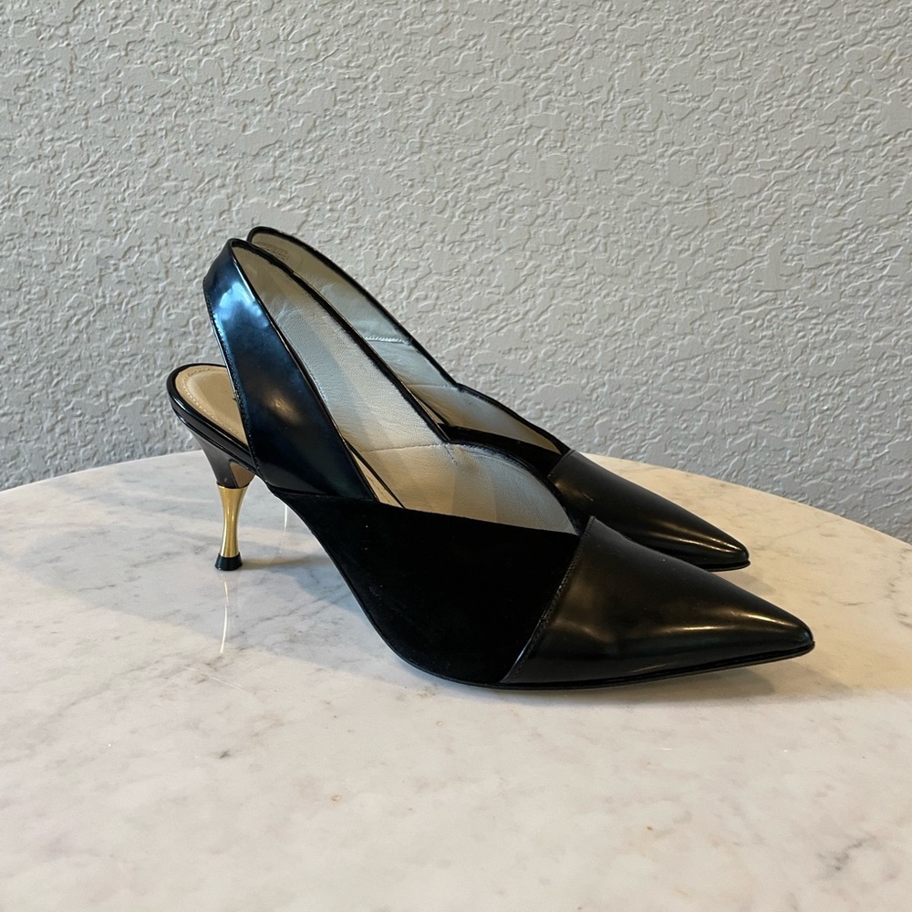 Bruno Magli Italy Black Leather Slingback Heels Gold Heel Pointed Toe 36 - Picture 9 of 9